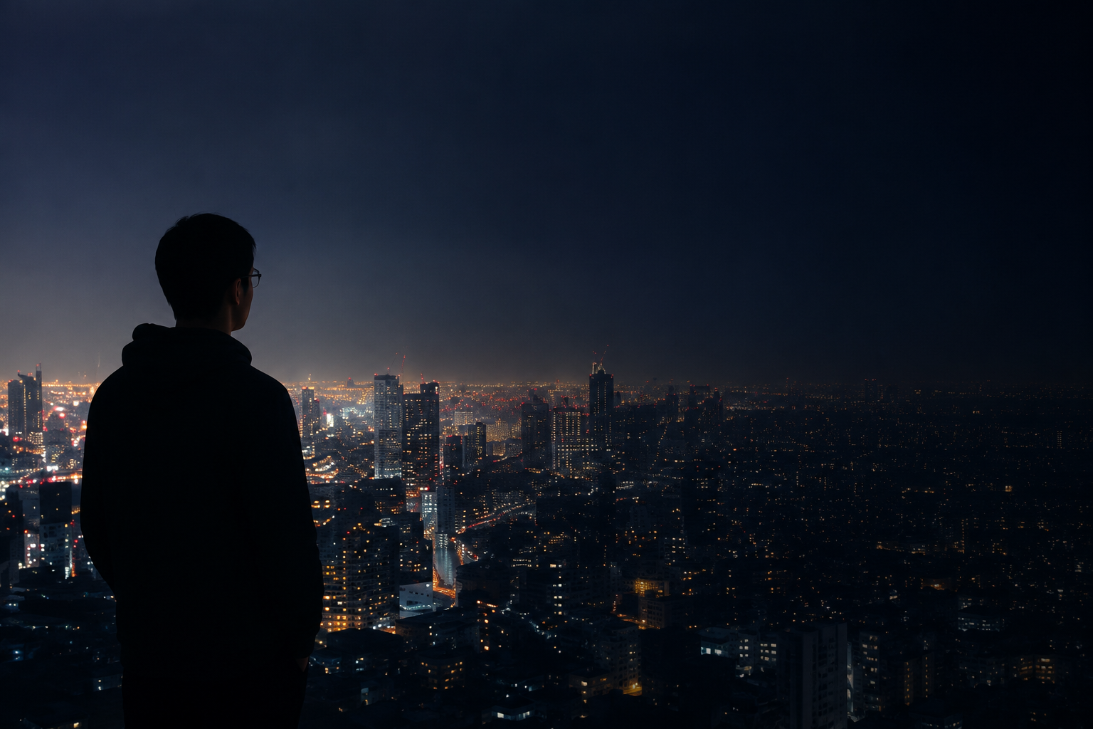 都市の夜景を見つめる人物のシルエット